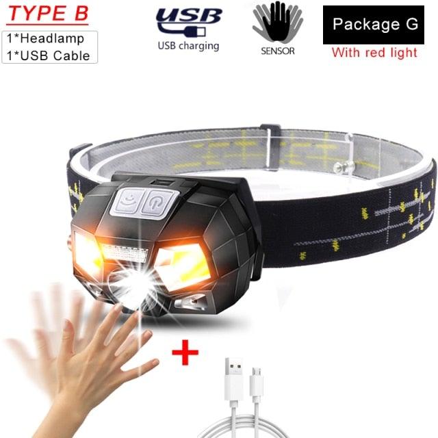 Rechargeable Powerful USB LED High Lumen Headlamp Ultra-Light Bright Headlight Waterproof Sensor Head Light  For Outdoors Camping Running Hiking Biking Fishing Stevvex