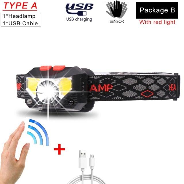 Rechargeable Powerful USB LED High Lumen Headlamp Ultra-Light Bright Headlight Waterproof Sensor Head Light  For Outdoors Camping Running Hiking Biking Fishing Stevvex