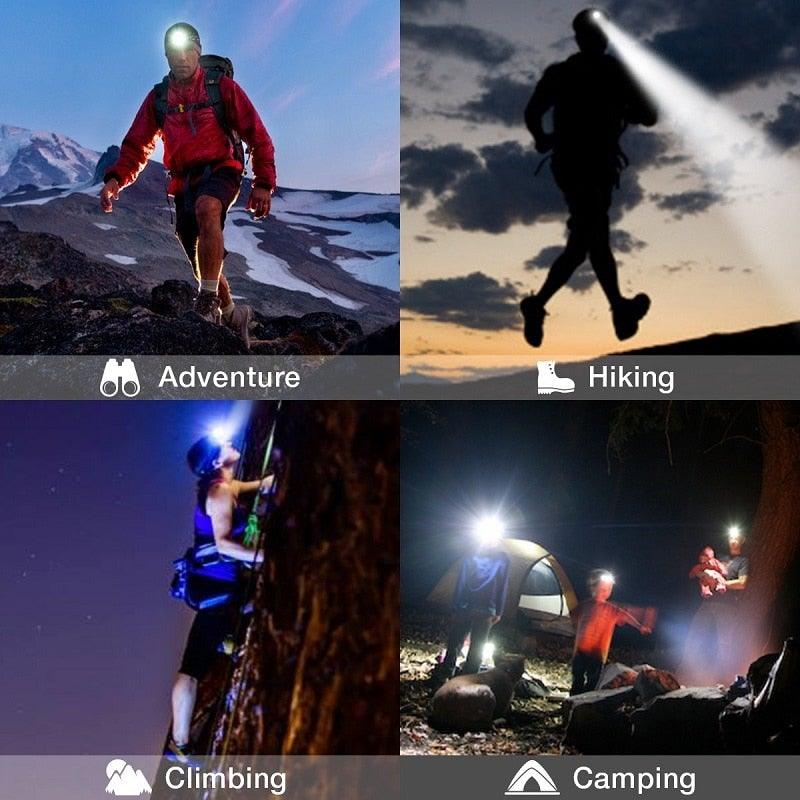 Rechargeable Powerful USB LED High Lumen Headlamp Ultra-Light Bright Headlight Waterproof Sensor Head Light  For Outdoors Camping Running Hiking Biking Fishing Stevvex