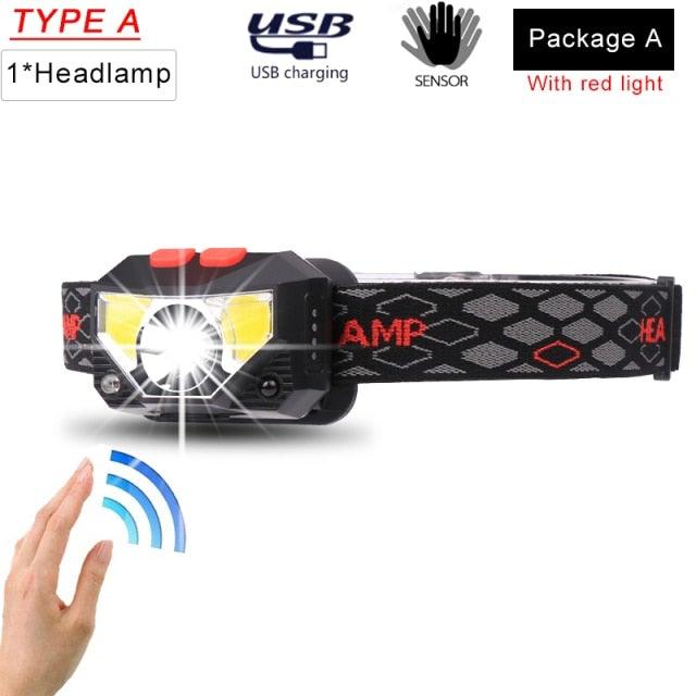 Rechargeable Powerful USB LED High Lumen Headlamp Ultra-Light Bright Headlight Waterproof Sensor Head Light  For Outdoors Camping Running Hiking Biking Fishing Stevvex