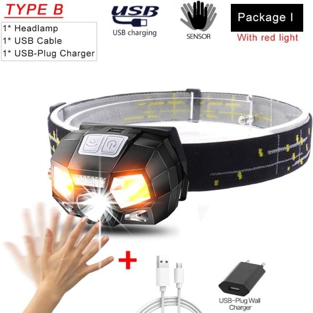 Rechargeable Powerful USB LED High Lumen Headlamp Ultra-Light Bright Headlight Waterproof Sensor Head Light  For Outdoors Camping Running Hiking Biking Fishing Stevvex