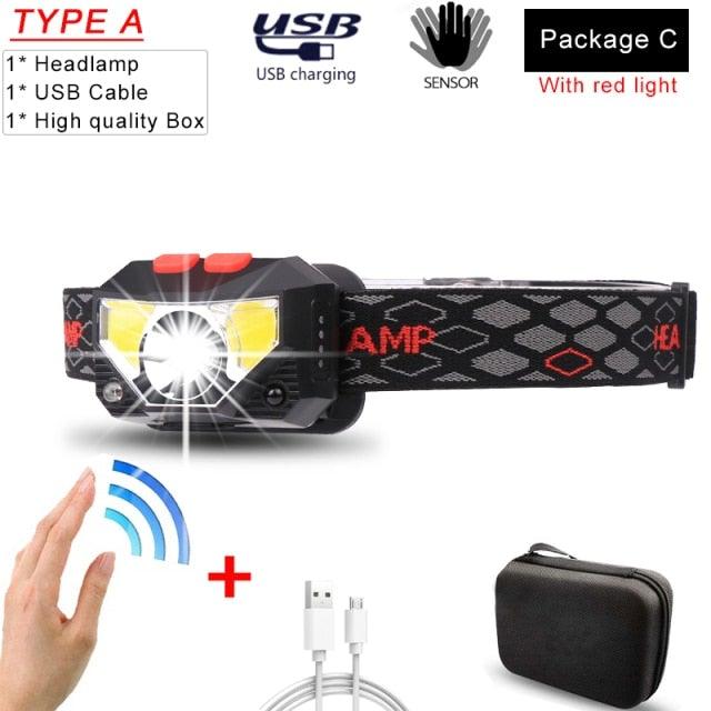Rechargeable Powerful USB LED High Lumen Headlamp Ultra-Light Bright Headlight Waterproof Sensor Head Light  For Outdoors Camping Running Hiking Biking Fishing Stevvex
