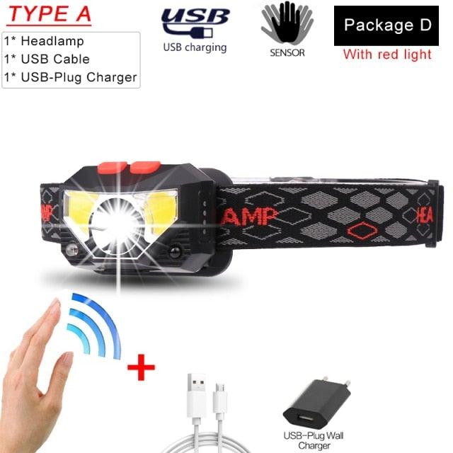 Rechargeable Powerful USB LED High Lumen Headlamp Ultra-Light Bright Headlight Waterproof Sensor Head Light  For Outdoors Camping Running Hiking Biking Fishing Stevvex