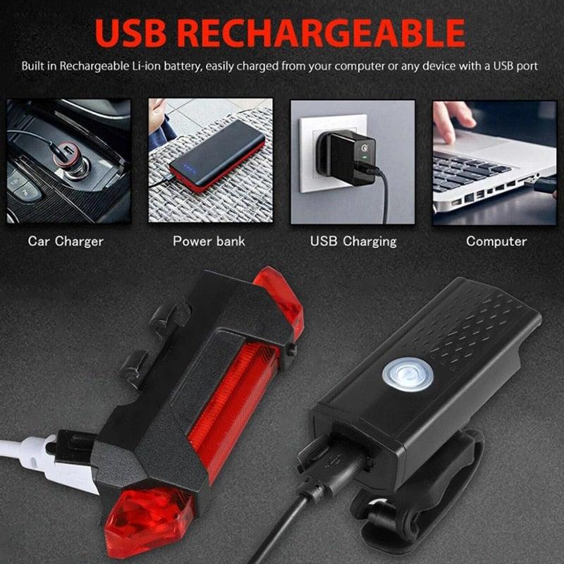 Rechargeable USB Bike Light Bicycle Front Rear Back Taillight Cycling Headlight Bicycle Lamp Flashlight Powerful Front And Back Lights Bicycle Accessories For Night Riding Cycling Safety Best Headlight With USB Tail Stevvex