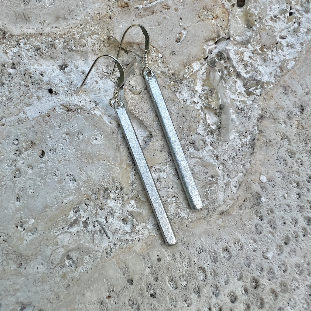 Recycled Aluminum Bombshell Bar Drop Earrings Lightweight 2in Minimalist BandsCo Straps