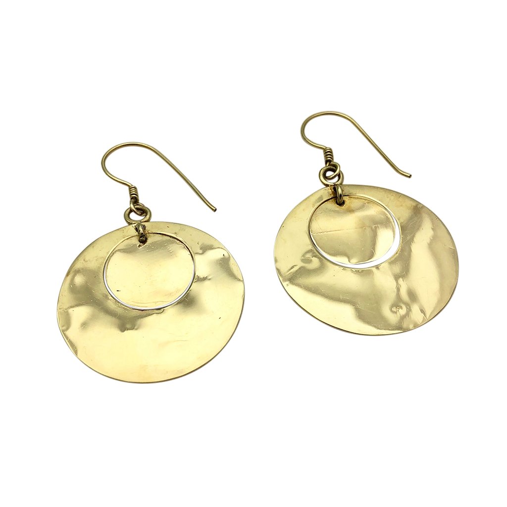 Recycled Bombshell Hammered Thin Flat Circle Earrings 2in Polished Handmade BandsCo Straps