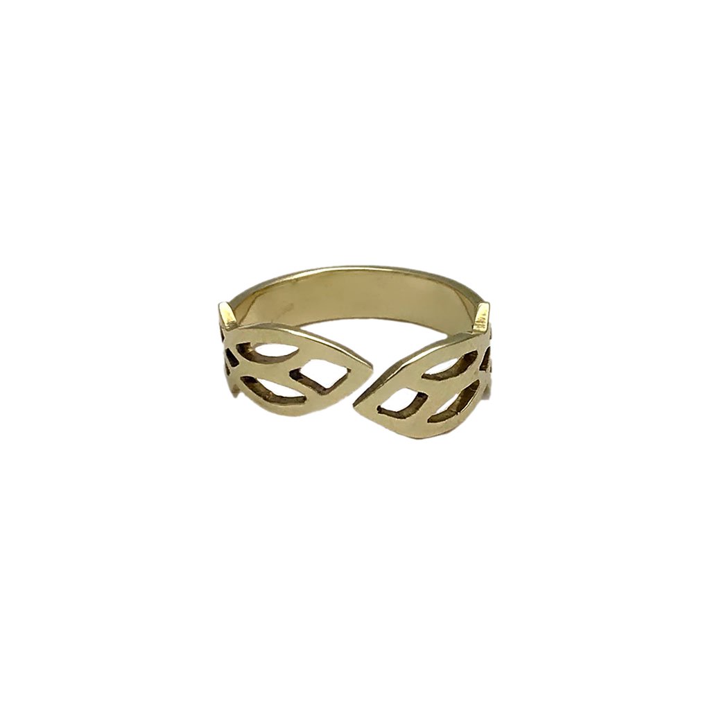 Recycled Brass Leaf Ring - Handcast Cambodian Bombshell Jewelry, Adjustable BandsCo Straps