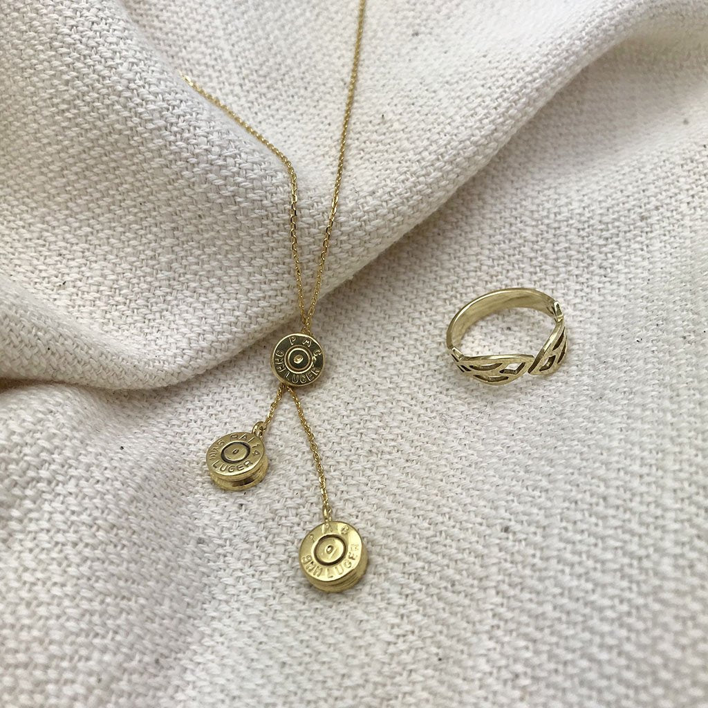 Recycled Bullet Cluster Necklace - 3 Polished Casings 11in Cambodian Handmade BandsCo Straps