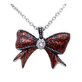 Red Bow Pendant Necklace With Crystal Accent Silver