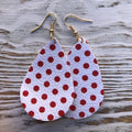 Red Polka Dot Leather Teardrop Earrings Handmade Light