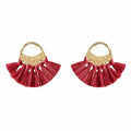 Red Raffia Fan Earrings Lightweight Boho Fringe Dangle Brass Hooks