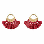 Red Raffia Fan Earrings Lightweight Boho Fringe Dangle Brass Hooks