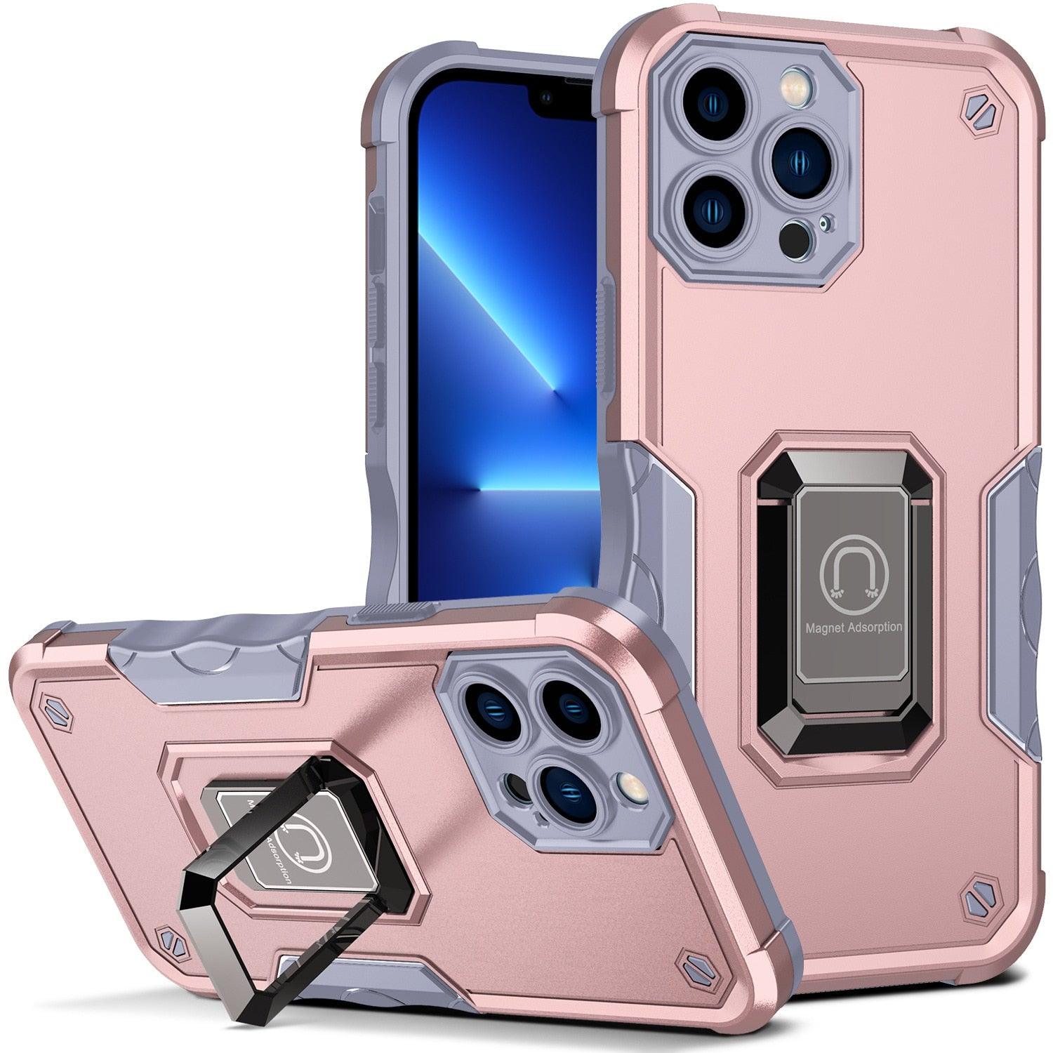 Red Shockproof Camera Protective Case For iPhone 14 Pro Max 13 Pro 12 Kickstand Holder Built-in Magnetic Smartphone Phone Cover Stevvex