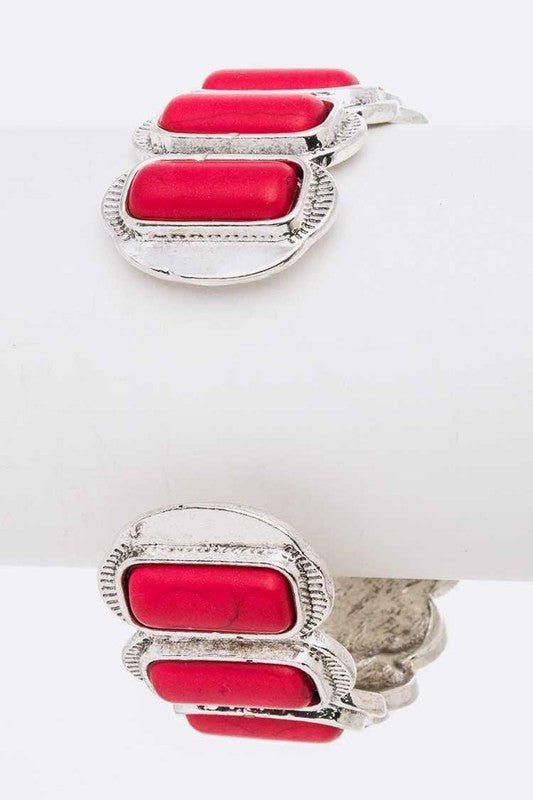 Red Stone Open Cuff Bangle Silver Tone Adjustable Stylish