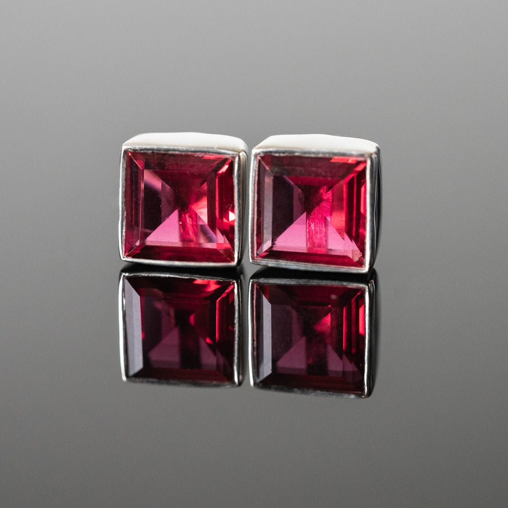 Red Tourmaline Square Stud Earrings 8mm Sterling Silver