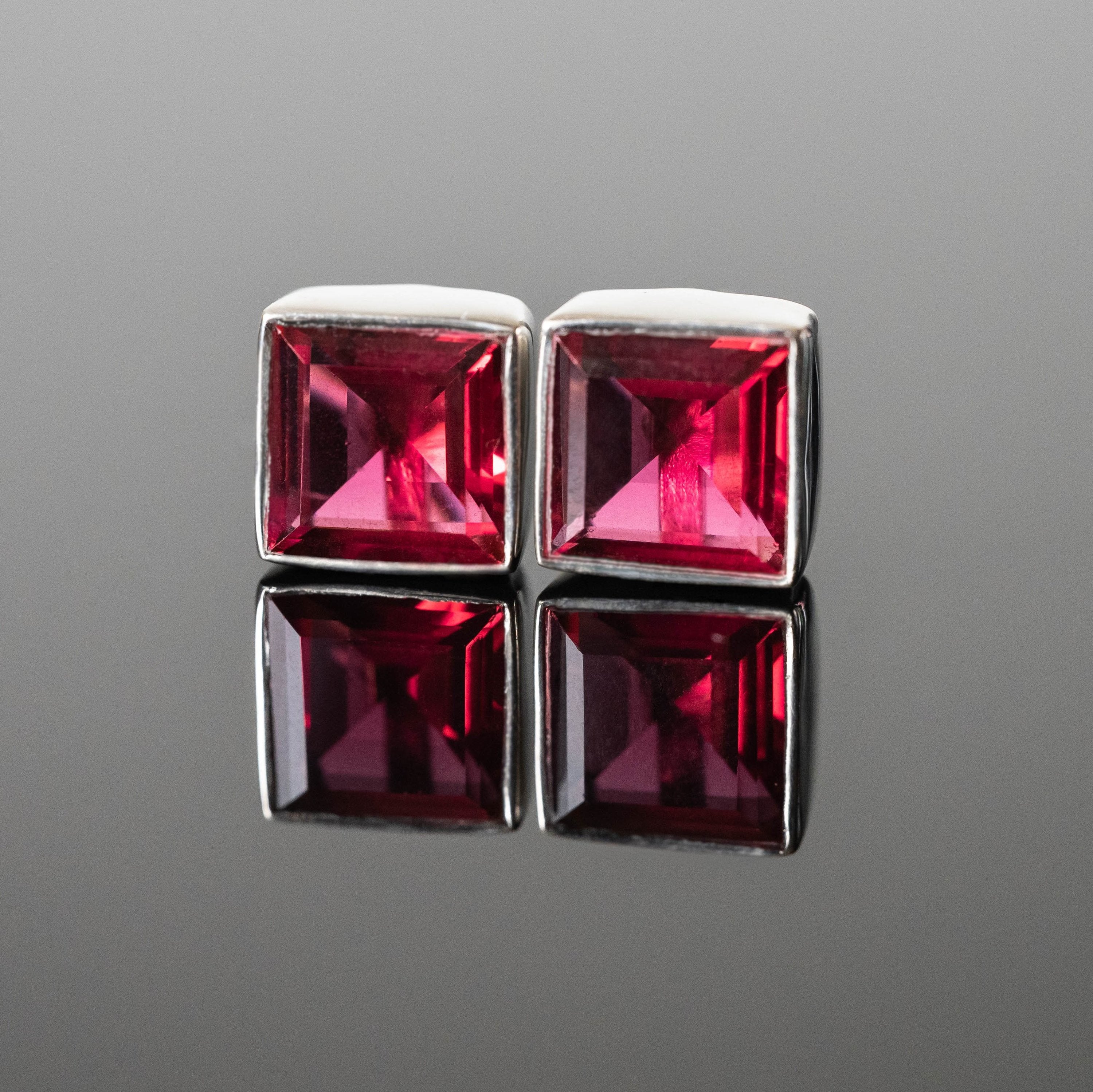Red Tourmaline Square Stud Earrings 8mm Sterling Silver