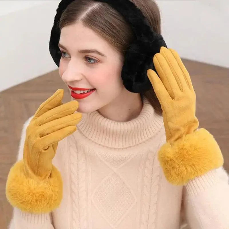 Red Winter Warm One Size Touch Screen Glove Female Fur Thick Driving Comfortable Gloves For Autumn Stevvex