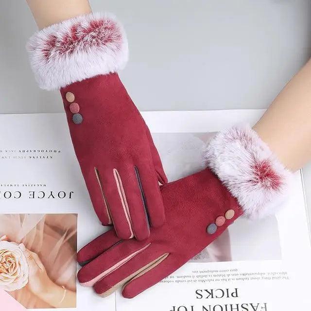Red Winter Warm One Size Touch Screen Glove Female Fur Thick Driving Comfortable Gloves For Autumn Stevvex