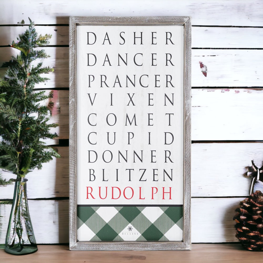 Santa Reindeer Sign Farmhouse Christmas Wall Decor 12x24x1.5 Plaid Reindeer Names Rudolph BandsCo Straps