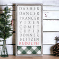 Santa Reindeer Sign Farmhouse Christmas Wall Decor 12x24x1.5 Plaid Reindeer Names Rudolph BandsCo Straps