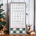 Santa Reindeer Sign Farmhouse Christmas Wall Decor 12x24x1.5 Plaid Reindeer Names Rudolph BandsCo Straps