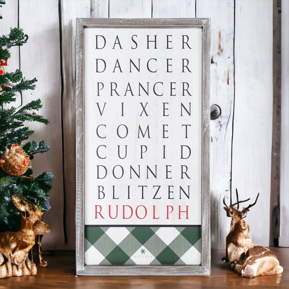 Santa Reindeer Sign Farmhouse Christmas Wall Decor 12x24x1.5 Plaid Reindeer Names Rudolph BandsCo Straps