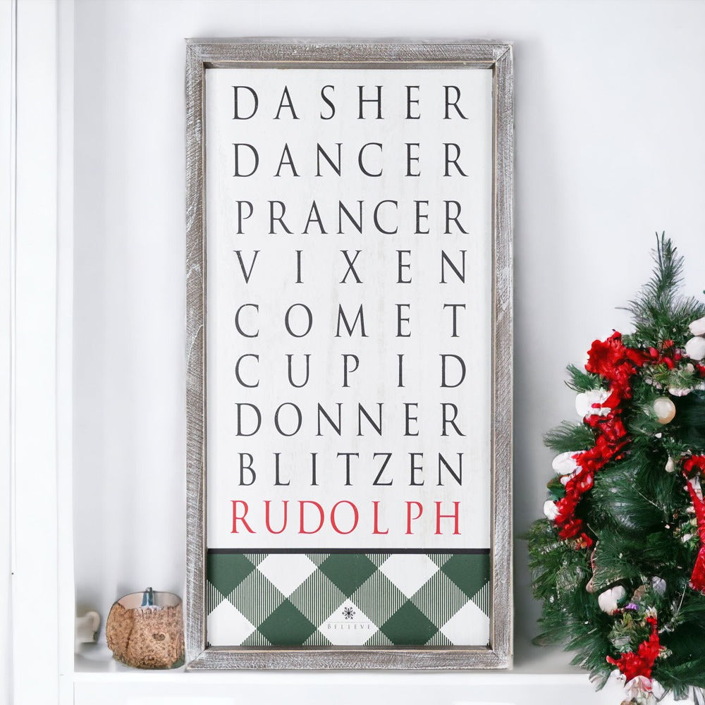 Santa Reindeer Sign Farmhouse Christmas Wall Decor 12x24x1.5 Plaid Reindeer Names Rudolph BandsCo Straps