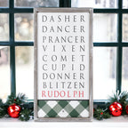 Santa Reindeer Sign Farmhouse Christmas Wall Decor 12x24x1.5 Plaid Reindeer Names Rudolph BandsCo Straps