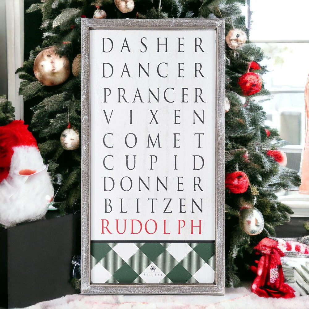 Santa Reindeer Sign Farmhouse Christmas Wall Decor 12x24x1.5 Plaid Reindeer Names Rudolph BandsCo Straps