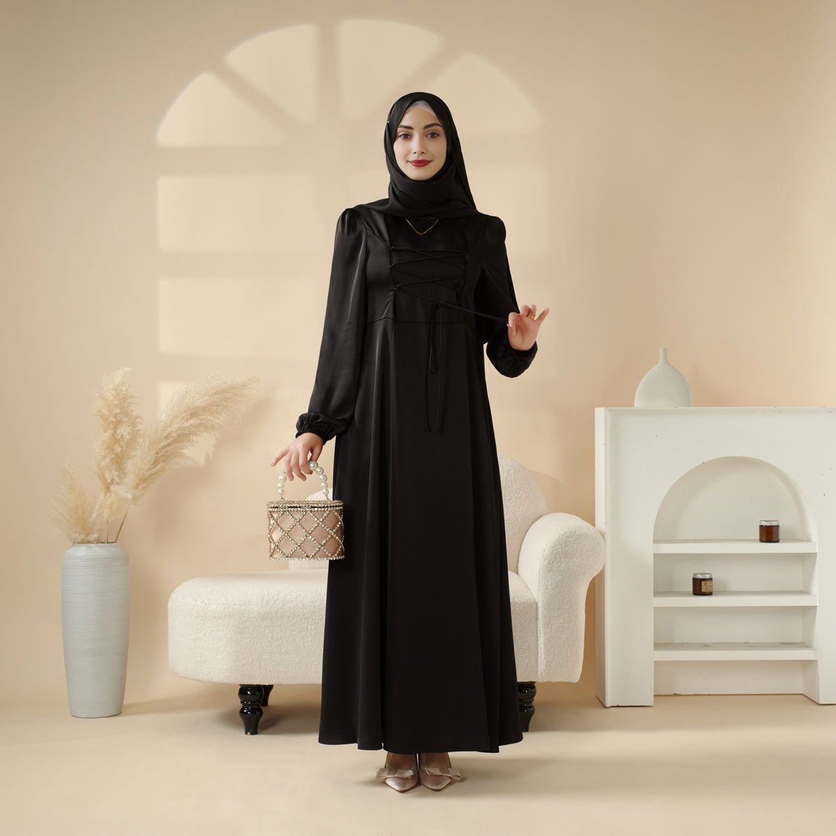 Removable Cross-Front Straps Design Premium Satin Dress Abaya (MA133)