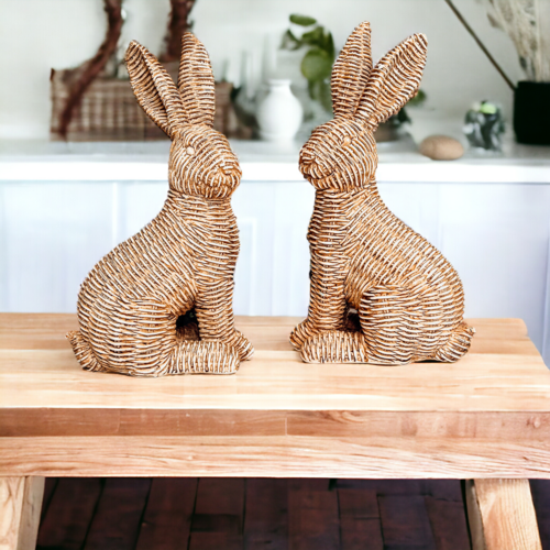 Resin Basket Weave Bunny Figurine Rattan Style Easter Decor 3 Color Options BandsCo Straps