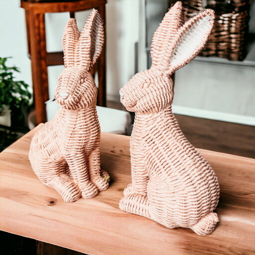 Resin Basket Weave Bunny Figurine Rattan Style Easter Decor 3 Color Options BandsCo Straps