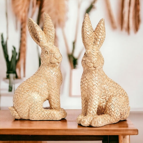 Resin Basket Weave Bunny Figurine Rattan Style Easter Decor 3 Color Options BandsCo Straps
