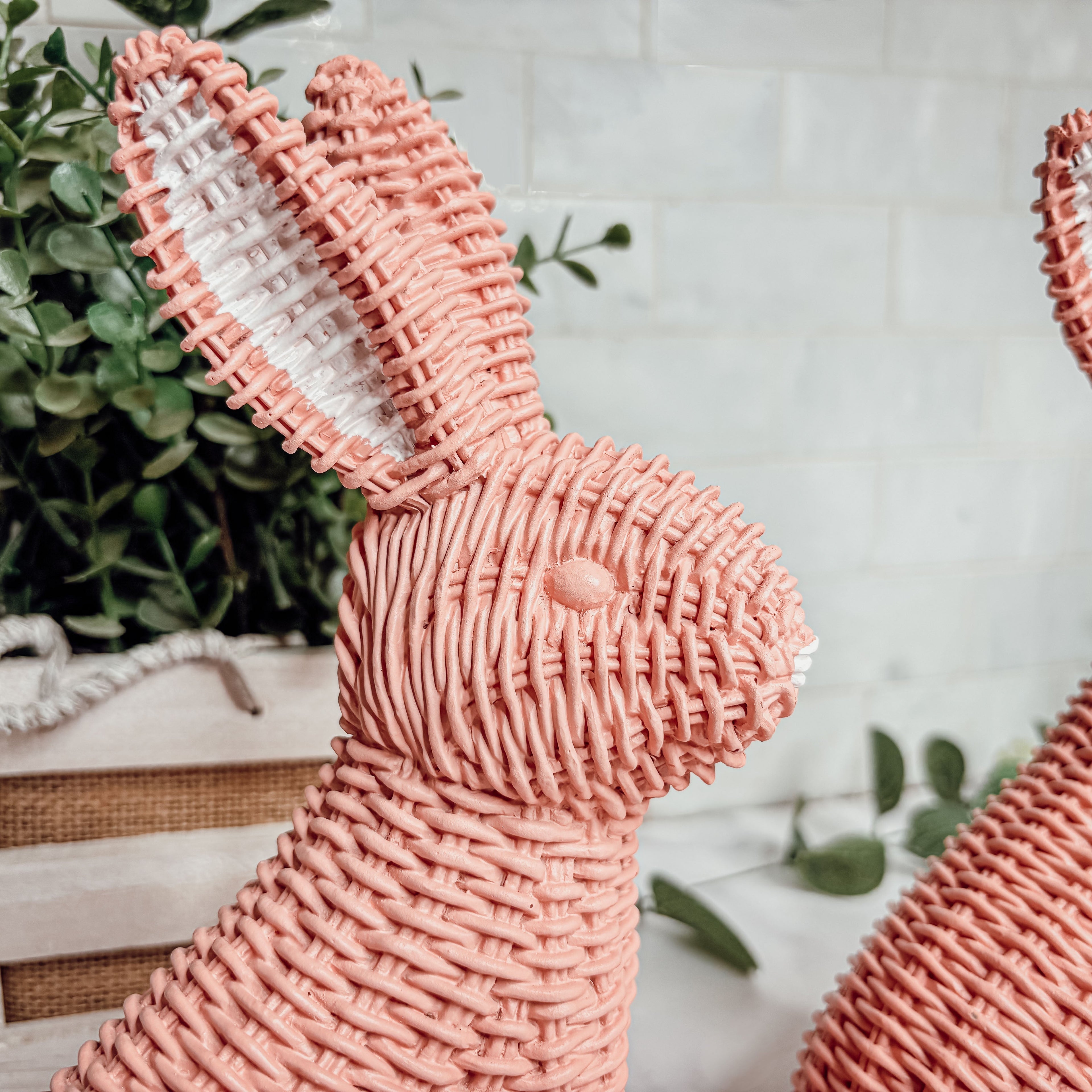 Resin Basket Weave Bunny Figurine Rattan Style Easter Decor 3 Color Options BandsCo Straps