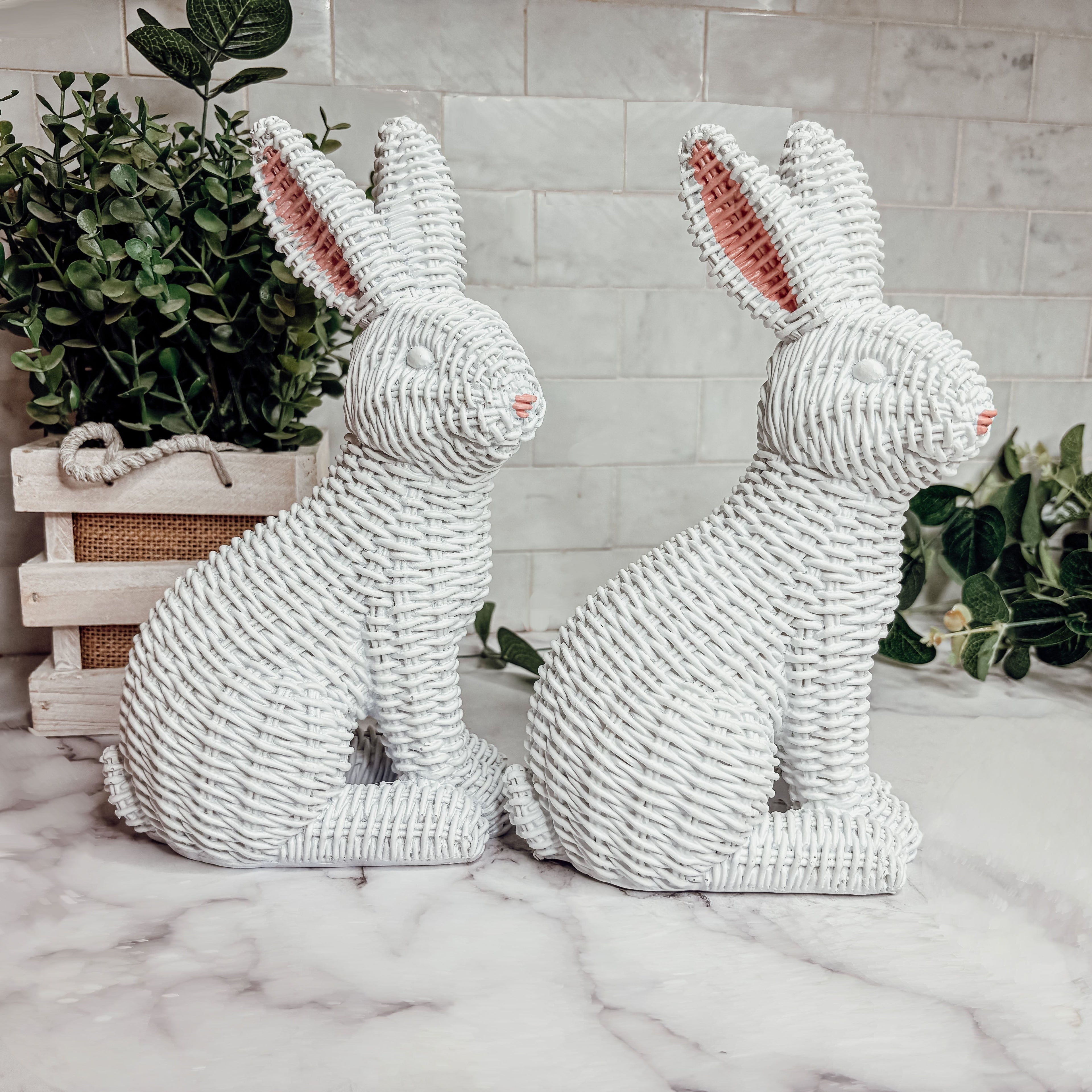 Resin Basket Weave Bunny Figurine Rattan Style Easter Decor 3 Color Options BandsCo Straps