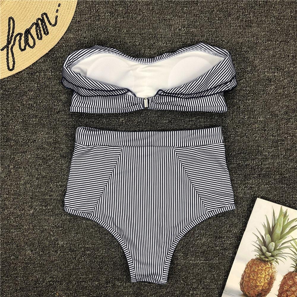 Retro Blue White Striped High Waist Bikini Lady Swimwear Women Swimsuit Female Ruffle Swim Bathing Suit  Piece Vintage High Waist Bikini Set Ruffled Swimsuits For Women Bathing Suits Stevvex