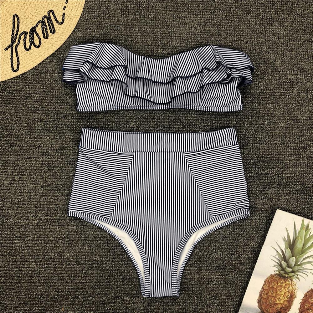 Retro Blue White Striped High Waist Bikini Lady Swimwear Women Swimsuit Female Ruffle Swim Bathing Suit  Piece Vintage High Waist Bikini Set Ruffled Swimsuits For Women Bathing Suits Stevvex