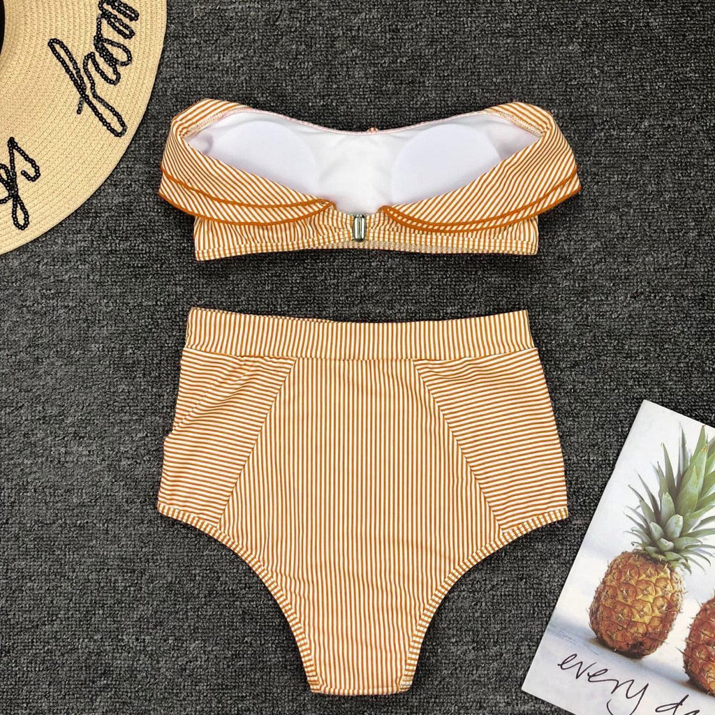 Retro Blue White Striped High Waist Bikini Lady Swimwear Women Swimsuit Female Ruffle Swim Bathing Suit  Piece Vintage High Waist Bikini Set Ruffled Swimsuits For Women Bathing Suits Stevvex