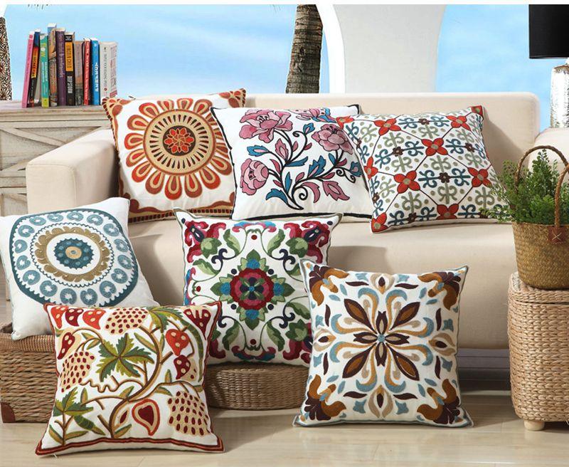 100% Cotton Embroidery Flower Pattern Pillow Cover Home Decoration Sofa Cushion Cover Housewarming Gift Pillow Case Decorative Embroidered Pillow Cover Handmade Cotton Cover For Throw Pillows Beautiful Modern Floral Patterns 45x45cm Stevvex