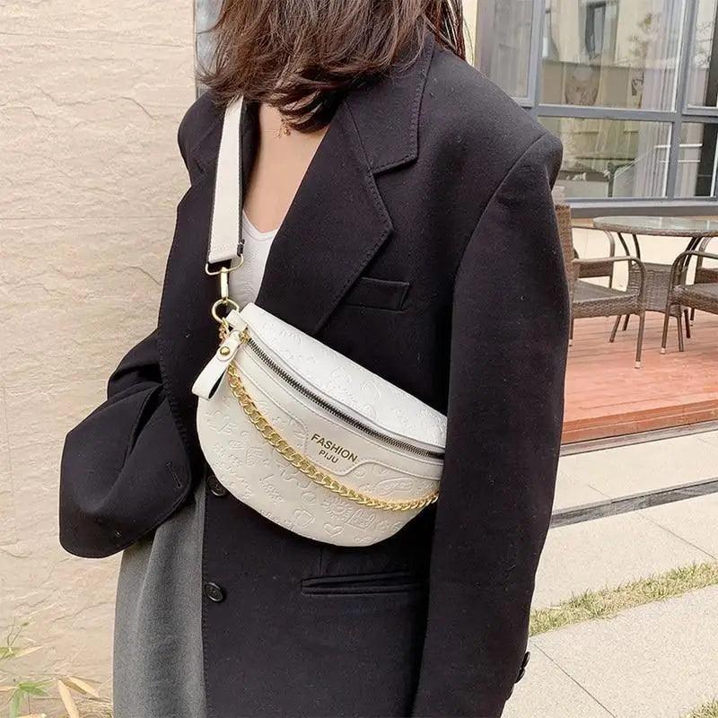 Retro Waist Bag PU Leather Fanny Pack Purse Leather with Gold Chain Strap Stylish Waist Pack Women Belt Bag Multifunctional Chest Bag Stevvex