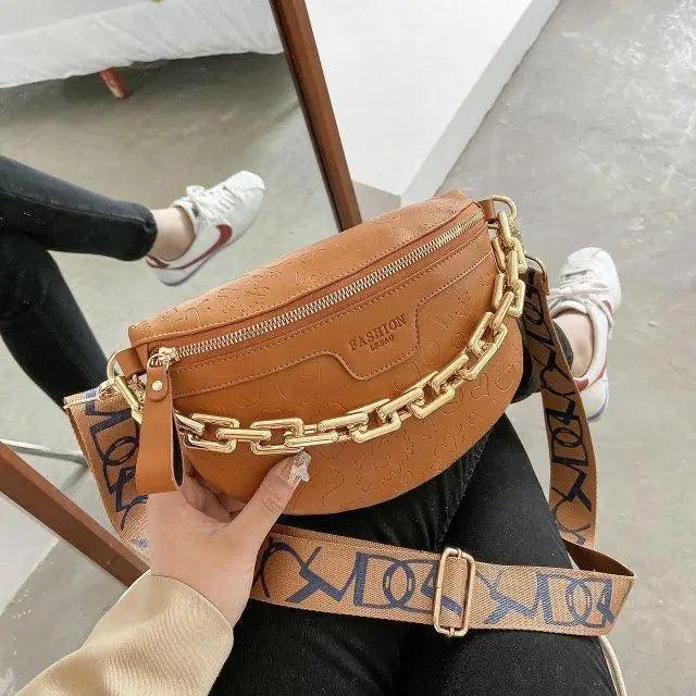 Retro Waist Bag PU Leather Fanny Pack Purse Leather with Gold Chain Strap Stylish Waist Pack Women Belt Bag Multifunctional Chest Bag Stevvex