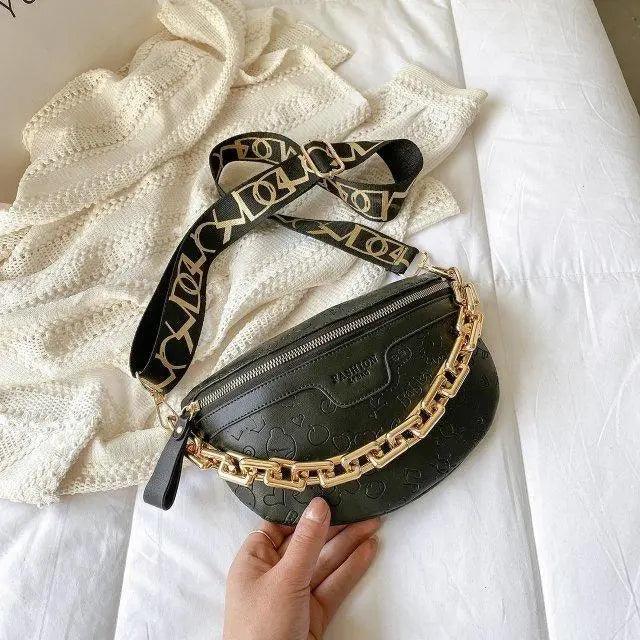 Retro Waist Bag PU Leather Fanny Pack Purse Leather with Gold Chain Strap Stylish Waist Pack Women Belt Bag Multifunctional Chest Bag Stevvex