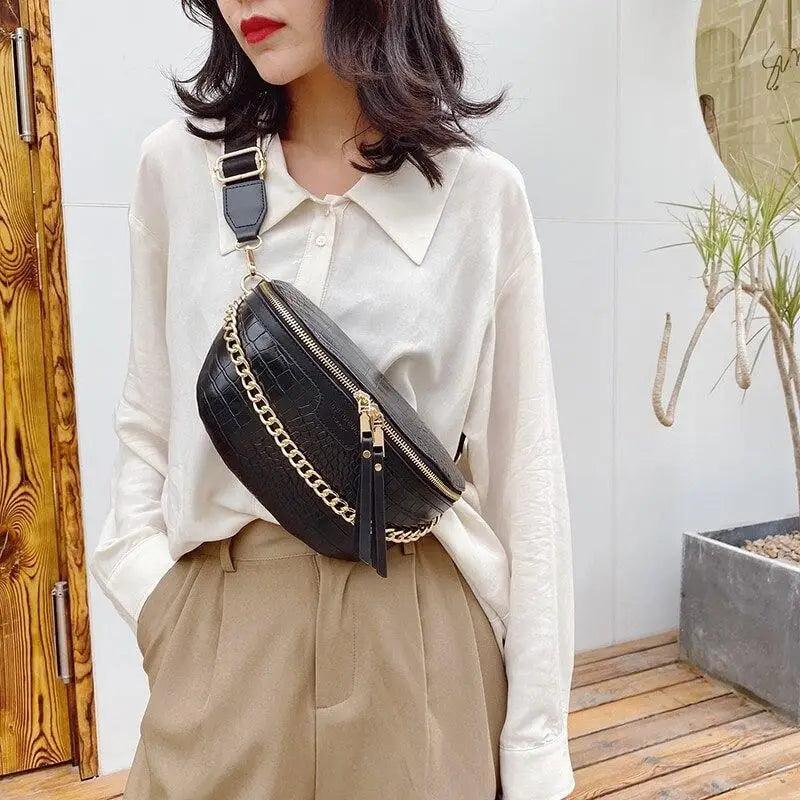 Retro Waist Bag PU Leather Fanny Pack Purse Leather with Gold Chain Strap Stylish Waist Pack Women Belt Bag Multifunctional Chest Bag Stevvex