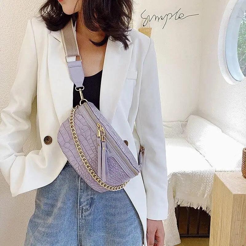 Retro Waist Bag PU Leather Fanny Pack Purse Leather with Gold Chain Strap Stylish Waist Pack Women Belt Bag Multifunctional Chest Bag Stevvex