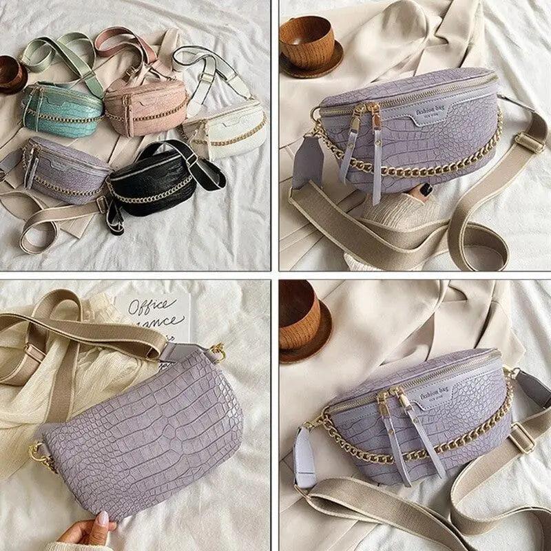 Retro Waist Bag PU Leather Fanny Pack Purse Leather with Gold Chain Strap Stylish Waist Pack Women Belt Bag Multifunctional Chest Bag Stevvex