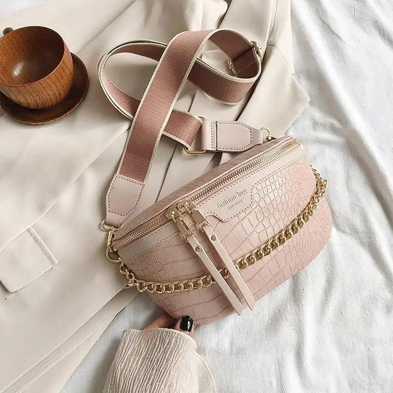 Retro Waist Bag PU Leather Fanny Pack Purse Leather with Gold Chain Strap Stylish Waist Pack Women Belt Bag Multifunctional Chest Bag Stevvex