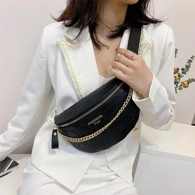 Retro Waist Bag PU Leather Fanny Pack Purse Leather with Gold Chain Strap Stylish Waist Pack Women Belt Bag Multifunctional Chest Bag Stevvex