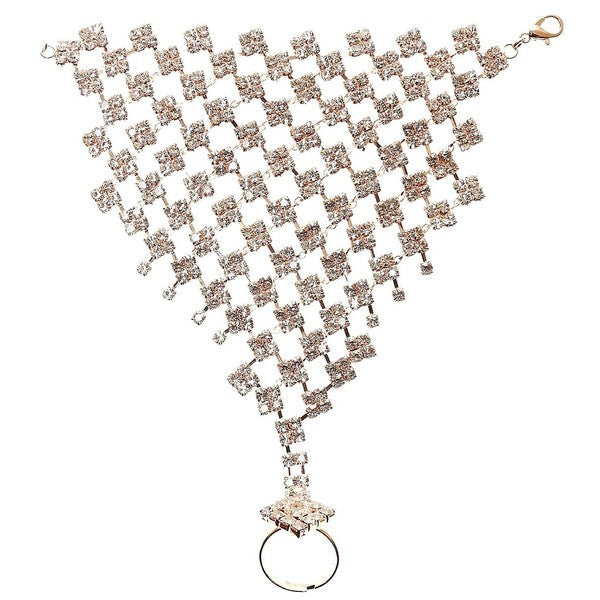 Rhinestone Square Link Hand Chain Bracelet With Ring