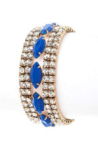 Rhinestone Stretch Bracelet Blue Gem Gold Tone Elastic