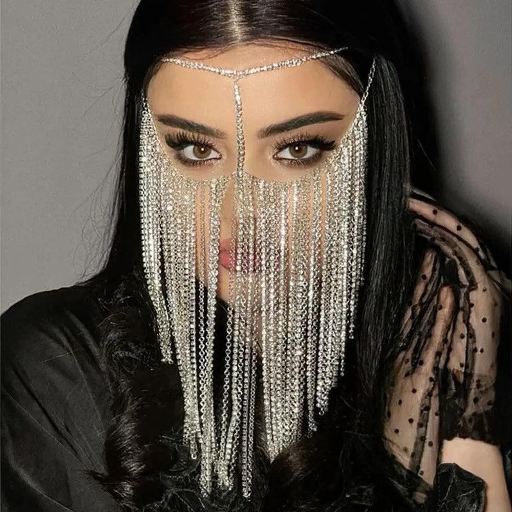 MAC054 Rhinestone Tassel Face Chain Mask - Bling Cover for Parties & Events - SJB-DIAMOND ELITES